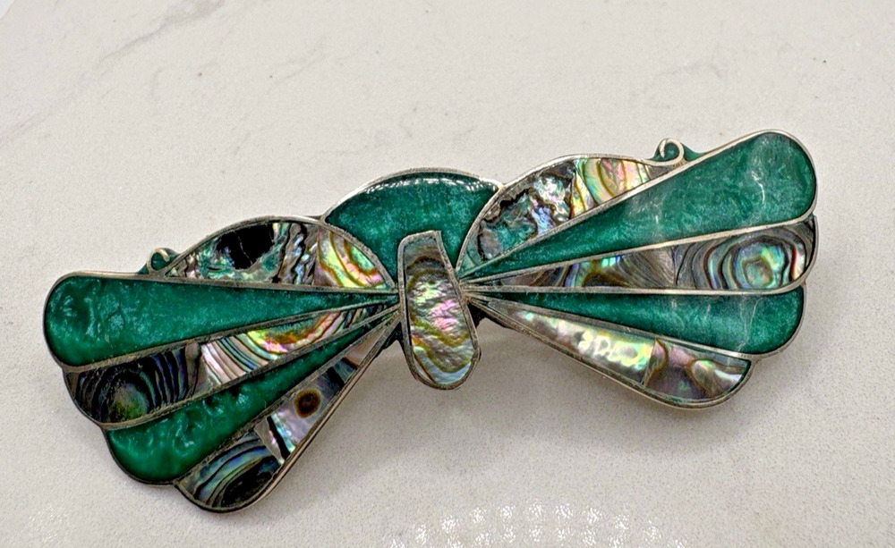 Art Deco Sterling 925 Inlaid Abalone Butterfly Barrette Clip Mexico Green 14g
